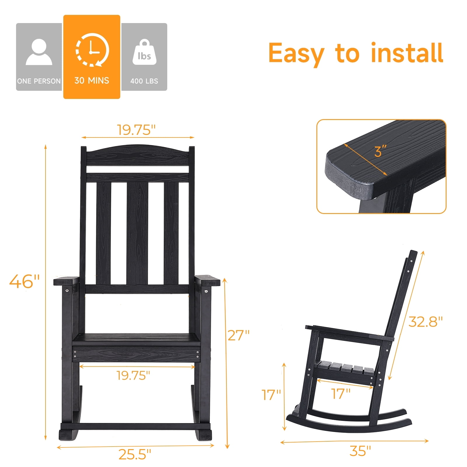 Dovov Outdoor Rocking Chair, All Weather Porch Rocker HDPS Patio Rocking Adirondack Chair for Patio Garden Lawn Balcony Porch Backyard Deck