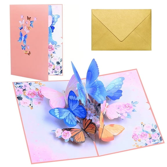3D Pop Up Butterfly and Flower Greeting Card, with Envelope for Birthday, Anniversary, Mother's Day, Valentines, Funny Foldable Celebration Cards for Women