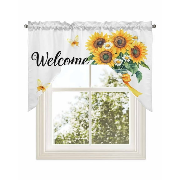 Yellow Sunflower Kitchen Curtains Swag Valance for Windows/Bathroom/Cafe, Butterfly Spring Floral Farm Country Rod Pocket Drape Panel Swag Curtains Valance for Bedroom/Living Room 56"x36"