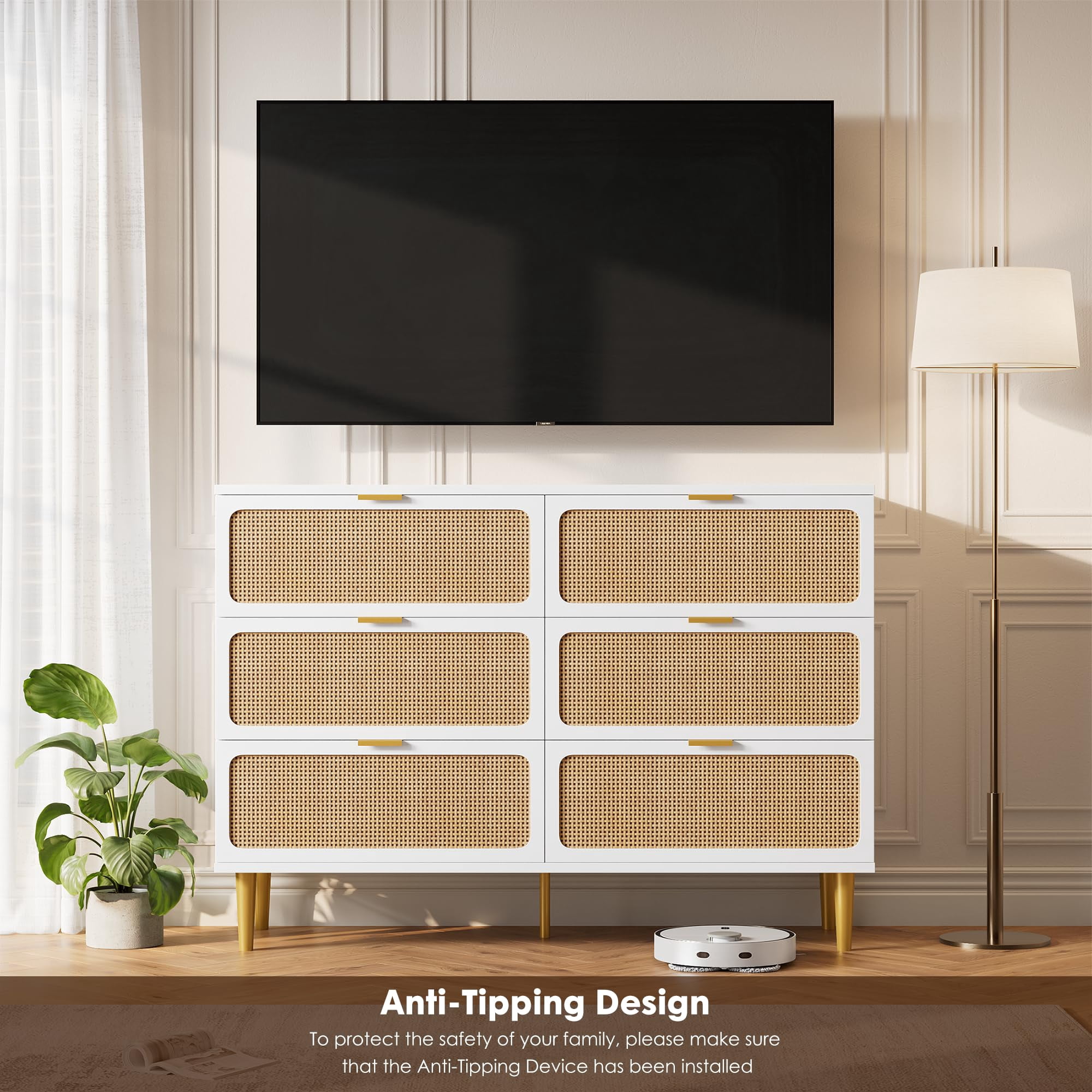 Senfot 6 Drawer Dresser for Bedroom, Large Modern Double Dresser for Closet with Wide Top, Rattan Chest of Drawers with Deep Drawers, Horizontal Wooden Dresser for Hallway, Living Room, White