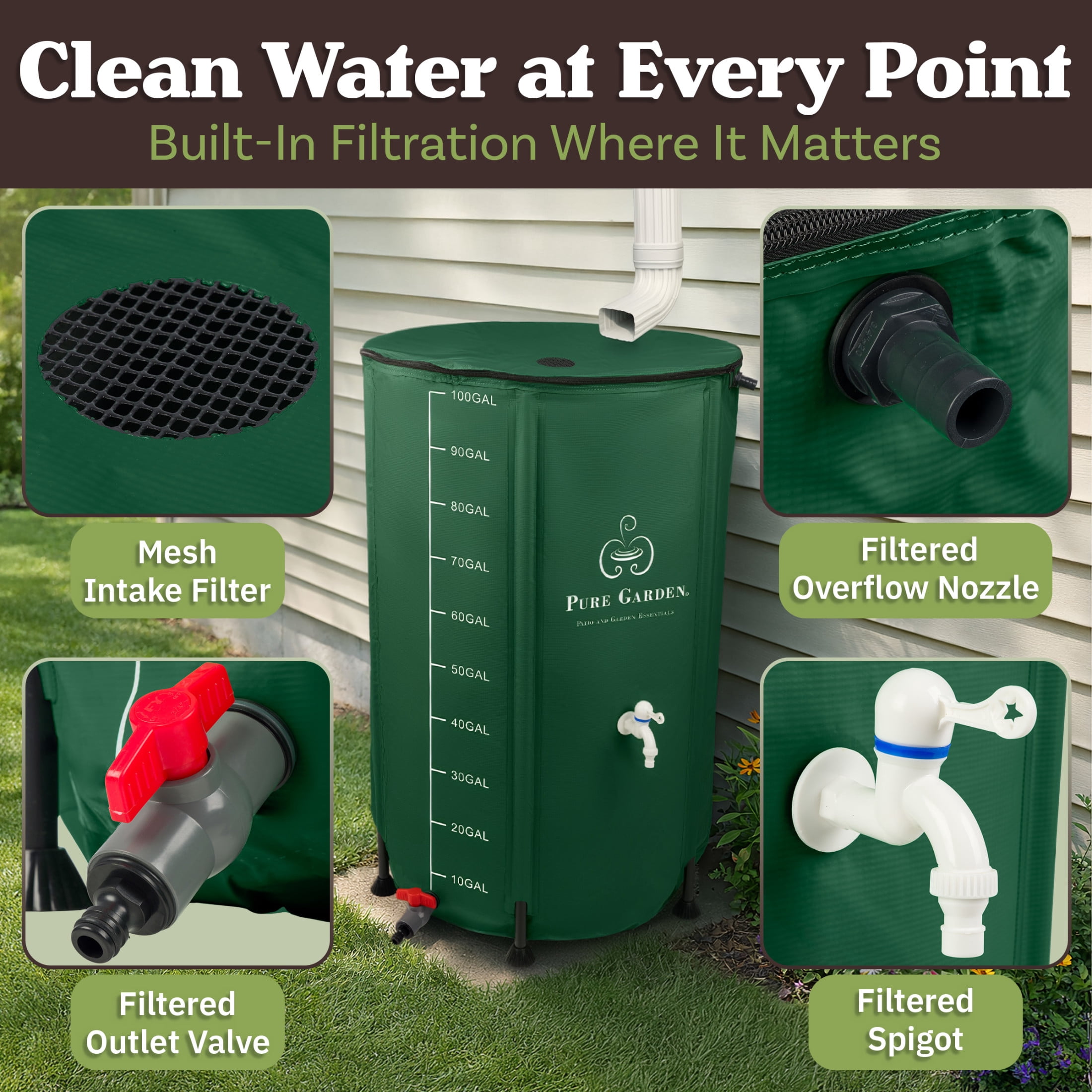 Pure Garden Collapsible Rain Barrel Kit - 100 Gal PVC Rain Collection System with Filter