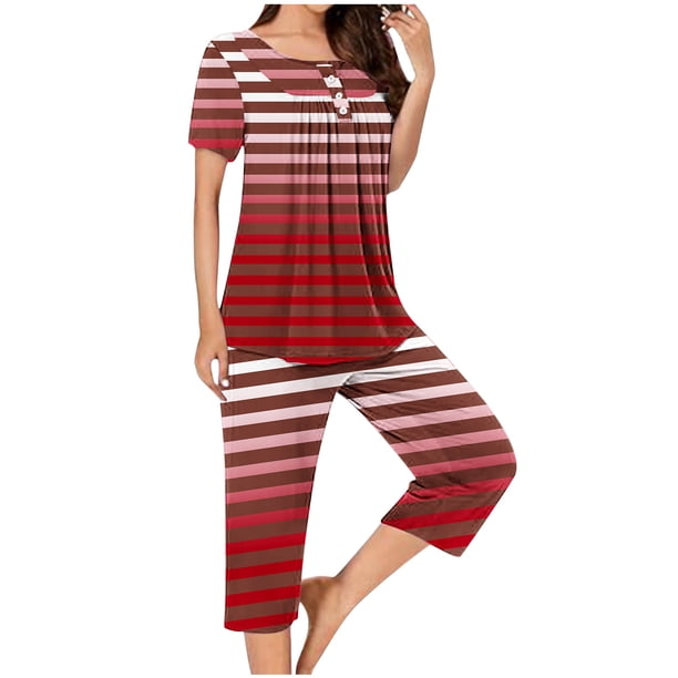 Conjunto de Pijama de las Mujeres Suelto Impreso Cuello Redondo Botón Hasta Capris, Dos Piezas Conjunto de Pantalones Cortos para Casual Y Sueño