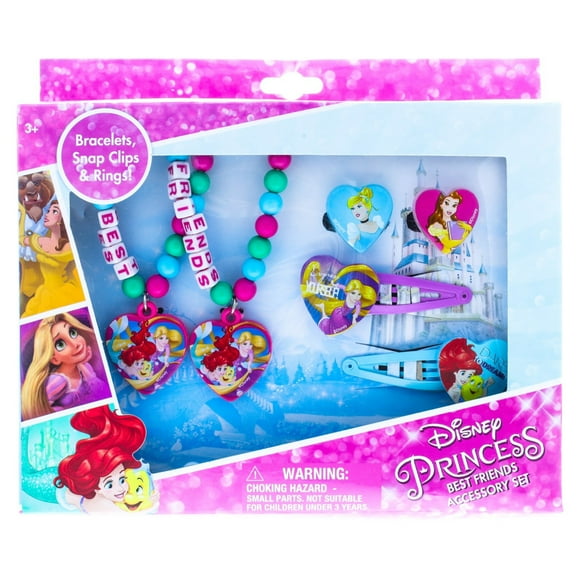 Disney Princess 6pc Girls BFF Fashion Jewelry Hair Accessories Set with Bracelets Ring Hair Clips, Pink, Ages 3+