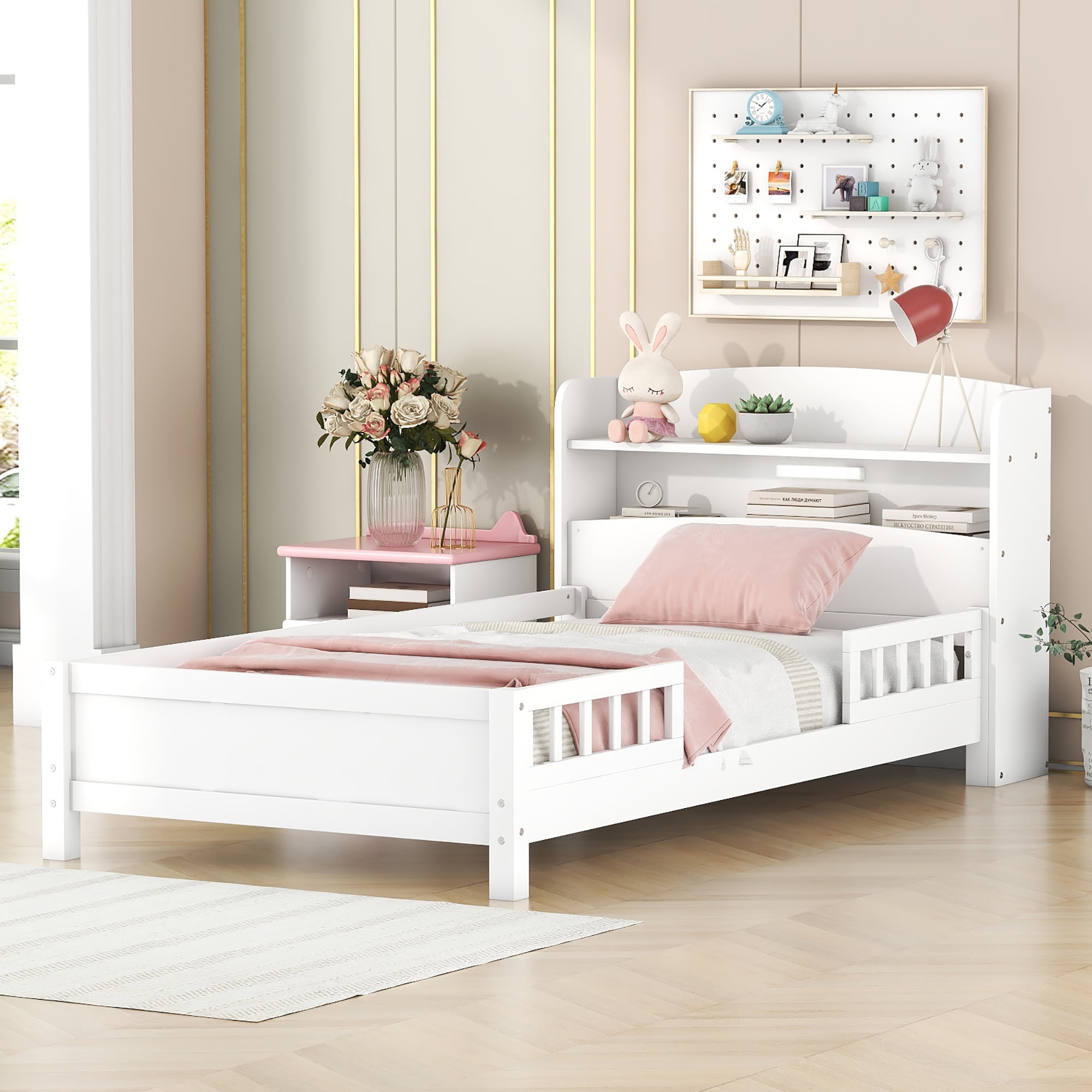Euroco Wood Twin Size Platform Bed with Storage Headboard and LED Light, White