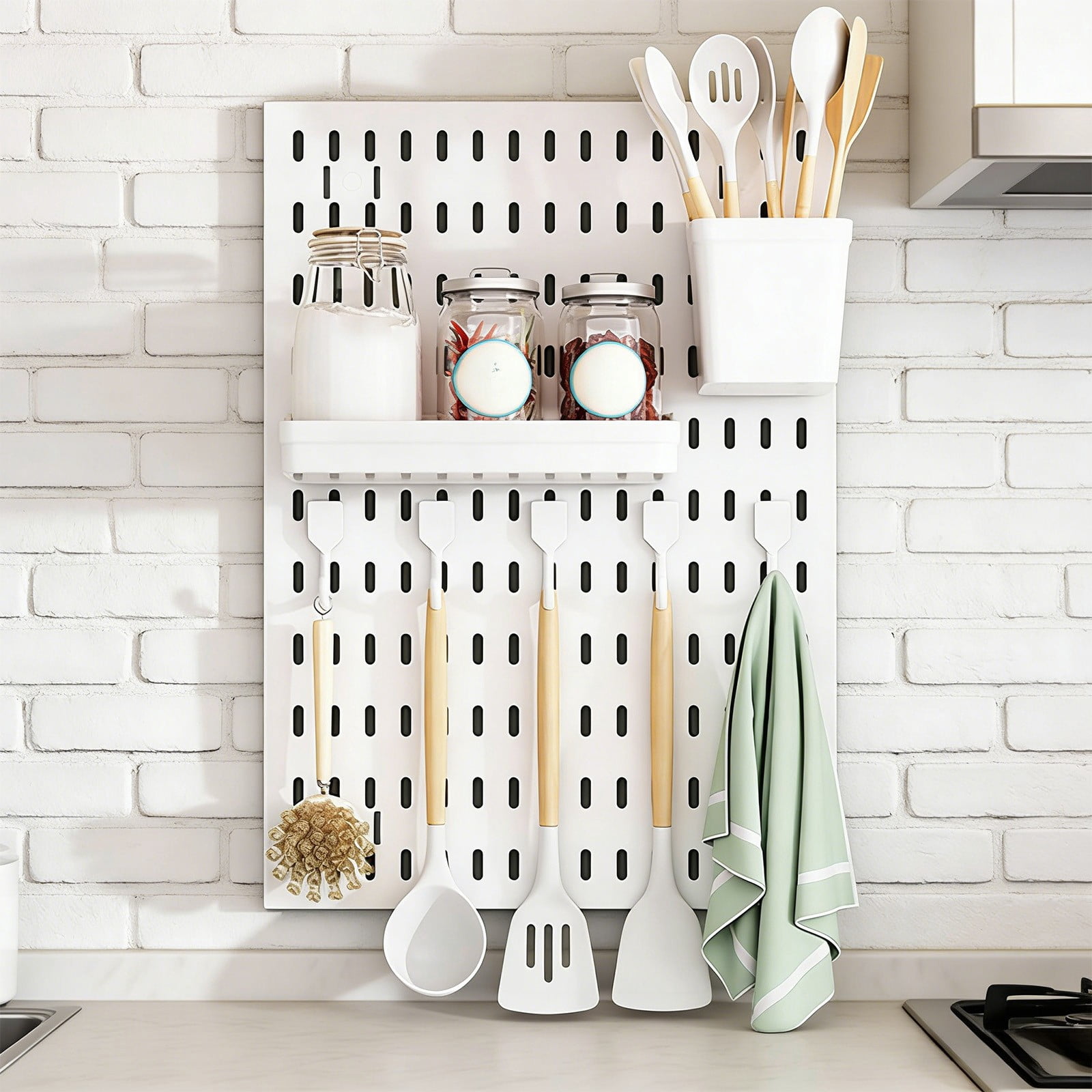 Large No Punch Pegboard Organizer With Hooks Shelf Basket, Multi Functional Drain Storage Rack, Waterproof Plastic Kitchen Bathroom Organizer, No Drill Adhesive Wall Mounted System