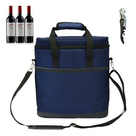 - Vina 3 Bottle Wine Carrier - Travel Picnic Insulated Wine Cooler Tote Bag Case with Shoulder Strap for Beer and Champagne + Free Corkscrew, Blue
