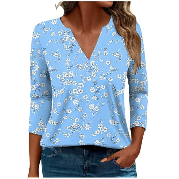 CYMMPU Floral Printed 3/4 Sleeve Spring Tops V Neck Summer Fashion Shirts Tunic Tops Loose Fit Blouses for Women Dressy Casual Business Elegant Work Topss XXXXL
