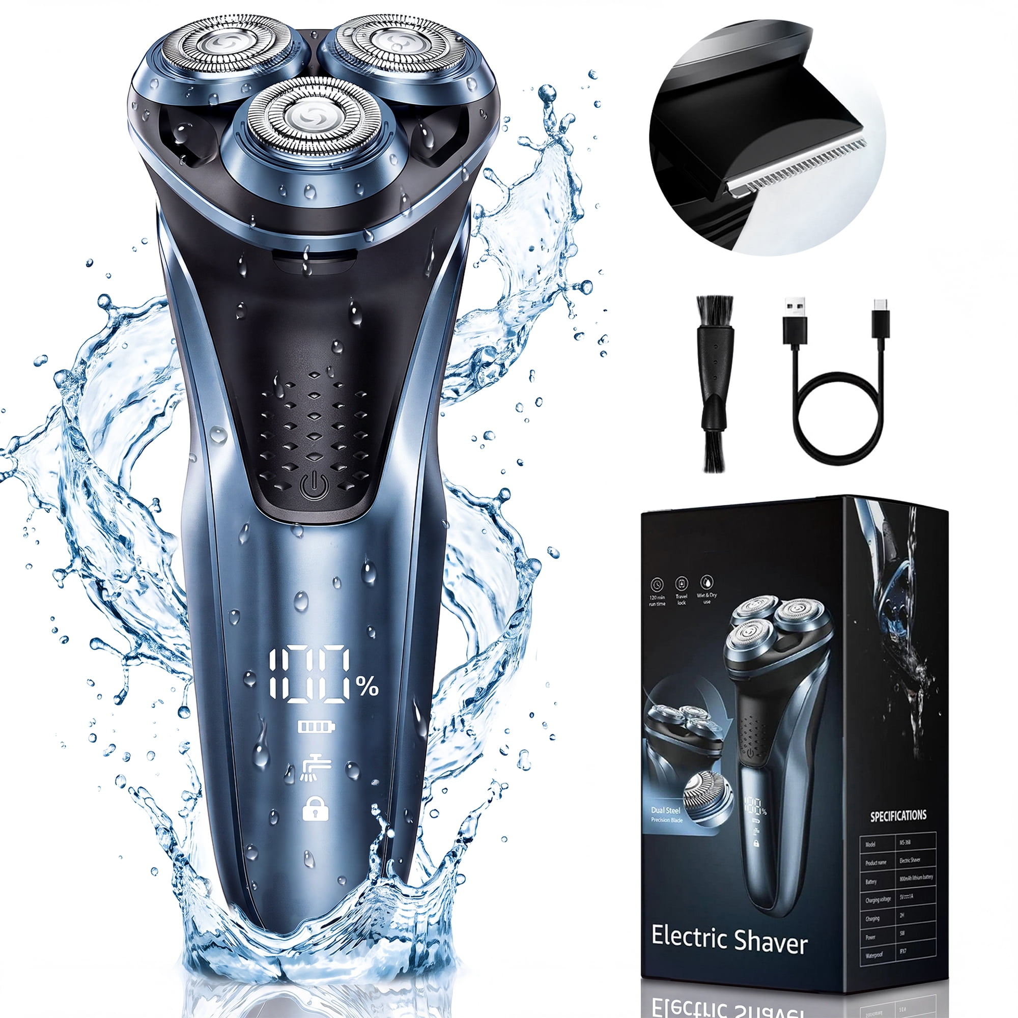 Nogroa Electric Shavers for Men, IPX7 Waterproof Cordless Razor with Cleaning Brush, Portable Rechargeable Electric Rotary Beard Trimmer for Home Travel