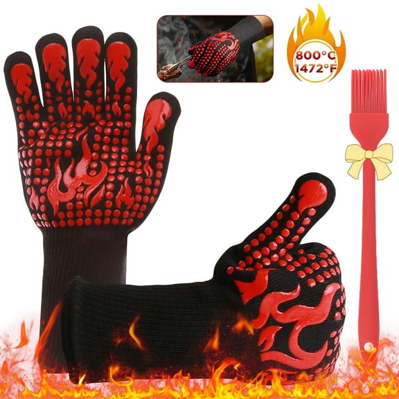 Remiawy BBQ Gloves, 1472°F Heat Resistant Grill Gloves, Non-Slip Silicone Oven Mitts Gloves Fireproof Grilling Gloves for Kitchen, Smoking, Barbecue, Cooking, Baking, Frying