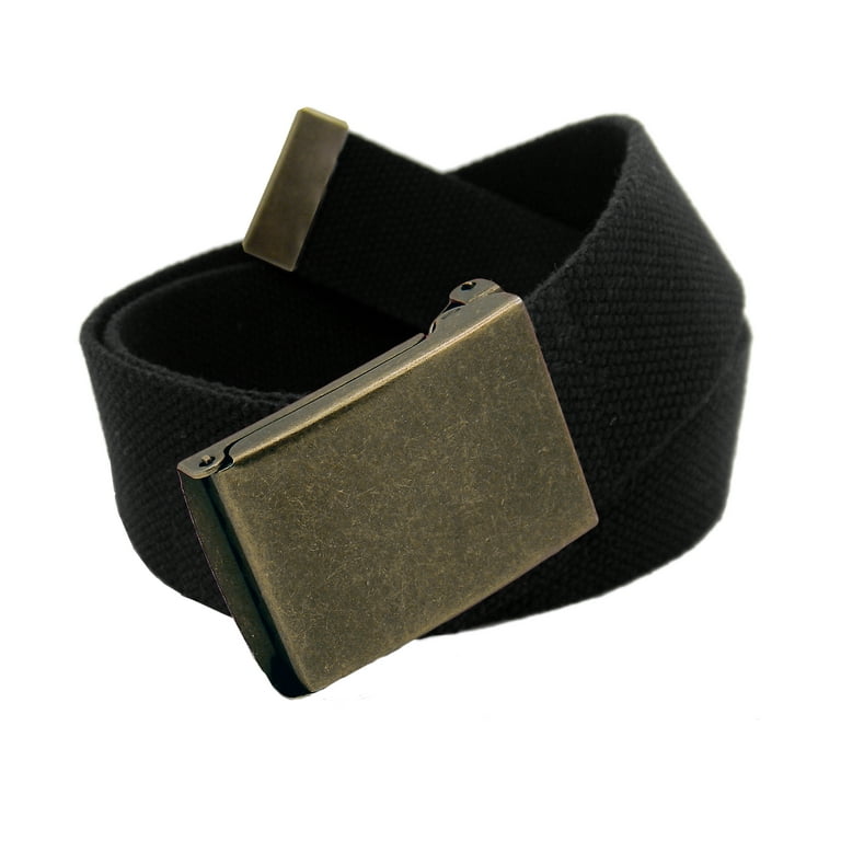 Men's Antique Brass Flip Top Military Belt Buckle with Canvas Web Belt  X-Large Black