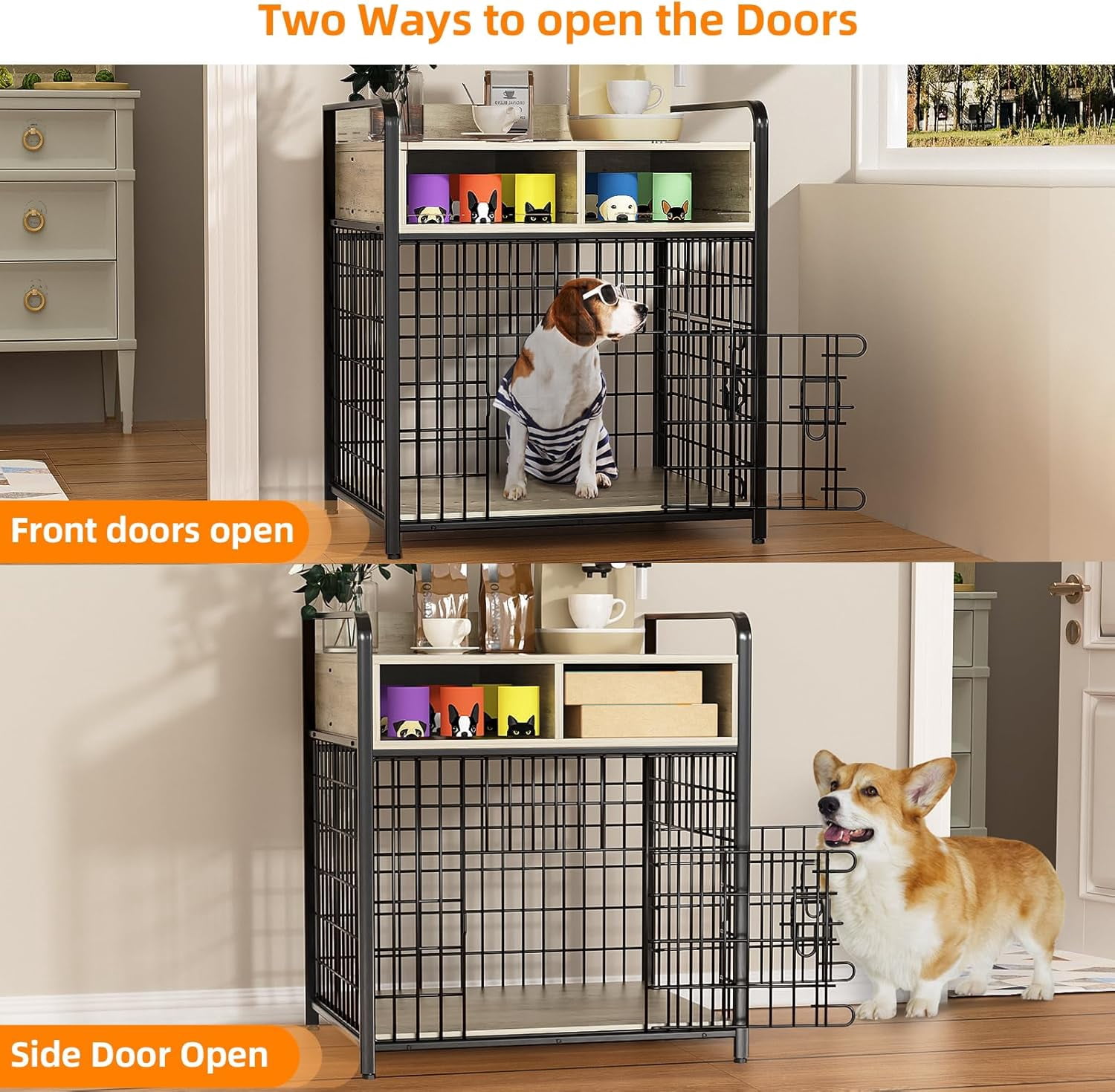 Small Dog Crate Furniture with Drawers Storage, Puppy Dog Kennel Indoor with Double , Heavy Duty Wooden Dog Cage Table, Sturdy Metal, Gray