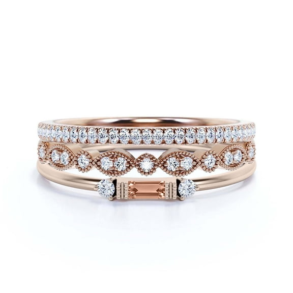 Dainty Minimalist 1.75 Carat Baguette Cut Morganite And Diamond Moissanite Engagement Ring, Antique Wedding Ring in 925 Sterling Silver With 18k Rose Gold Plating, Trio Set, Matching Band