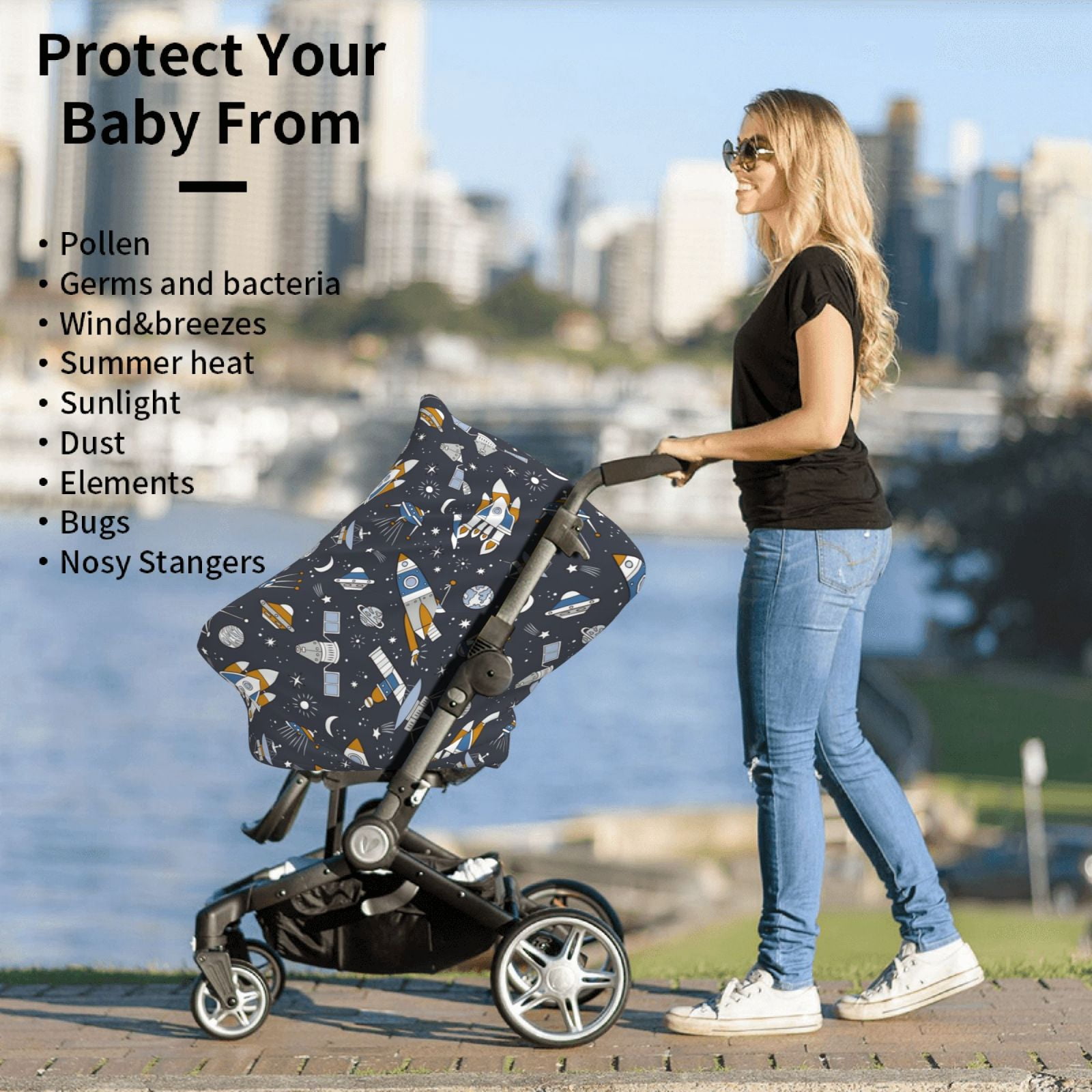 Fotbe Space Cars Pattern Car Seat Covers for Babies, Nursing Breastfeeding Cover Infant Carseat Canopy, Soft Stretchy Carrier Cover