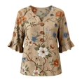 thumbnail image 4 of YVNAURA Women's 2026 Art Flower Print Blouse V Neck 3/4 Sleeve Button Front Loose Fit Tunic Dressy Casual Summer Tops for Women Flowy Bohemian Shirt for Office Beach, Khaki, 2XL, 4 of 4