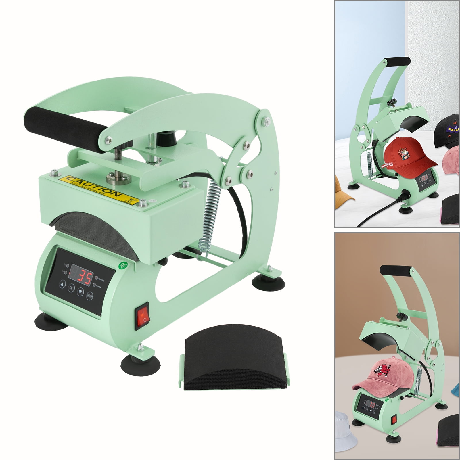 Fichiouy Hat Heat Press Machine for Caps with 2pcs Interchangeable Platens(5.59"x3.78", 4.92"x2.95"), Heat Transfer Printing Light Green