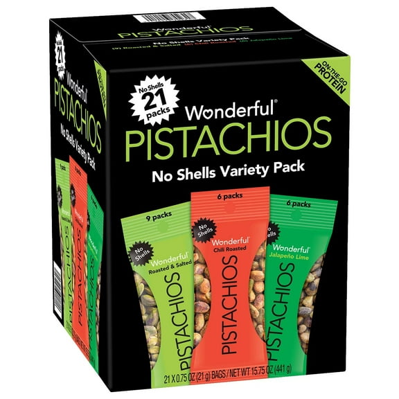 Wonderful Pistachios, No Shells Variety Pack Nuts, 0.75 Ounce (Pack of 21)
