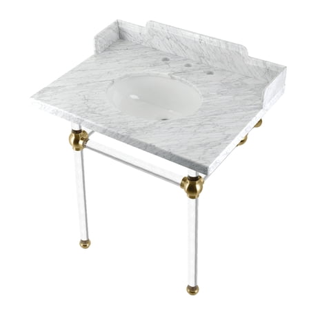 Kingston Brass LMS3030MA7 Pemberton 30" Carrara Marble Console Sink with Acrylic Legs (8-Inch, 3-Hole), Carrara Marble White/Brushed Brass