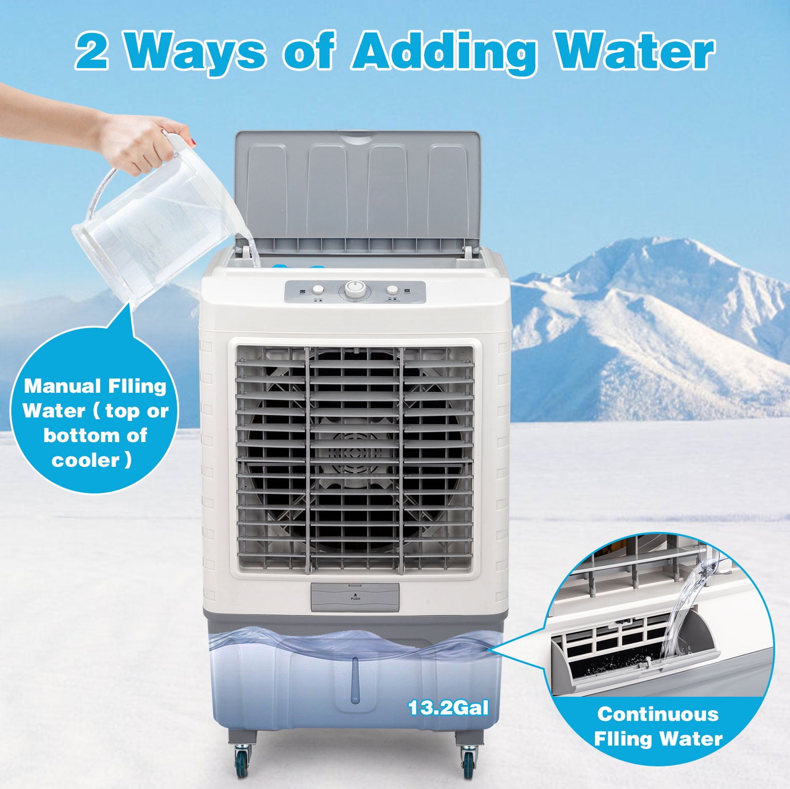 13.2-Gal Portable Air Conditioner, 3-in-1 Evaporative Air Cooler with 3 Modes & 3 Speeds, Portable Cooling Fan with 4 Ice Boxes, Coverage 323 Square Feet, 4 Scroll Casters, White