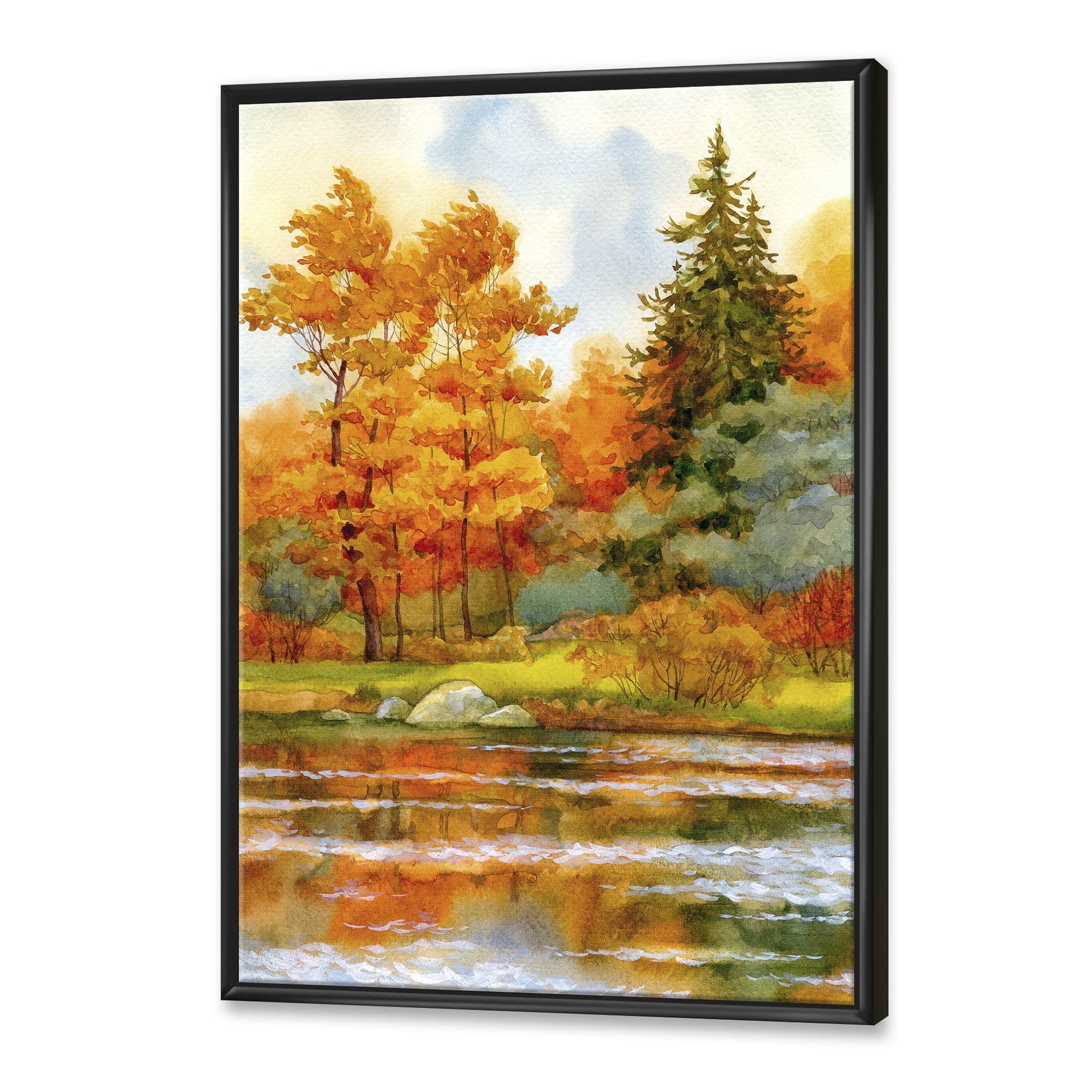 Designart 'Autumn Forest By The Lake Side III' Lake House Framed Canvas Wall Art Print