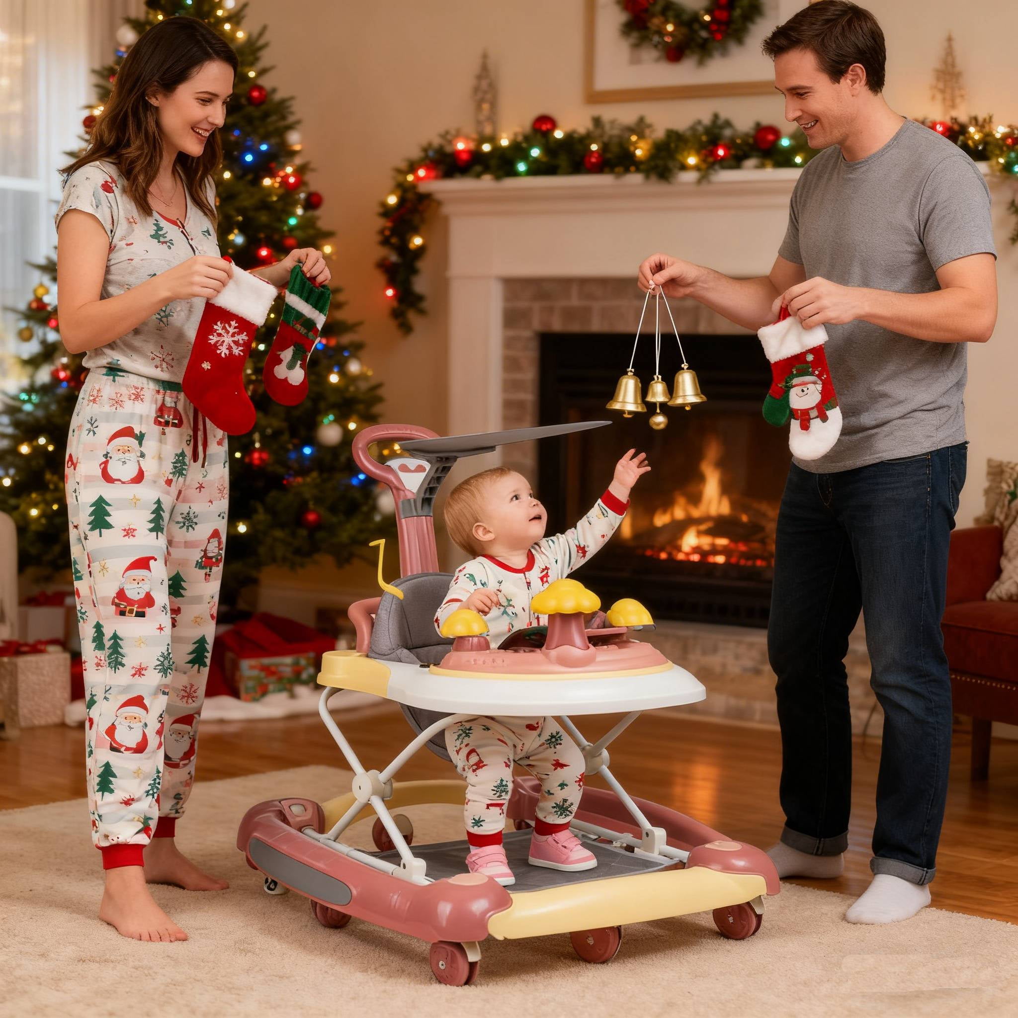 JieC 5-in-1 Baby Walker with Wheels,Infant Toddler Walkers Bouncer for Boys Girls,Pink