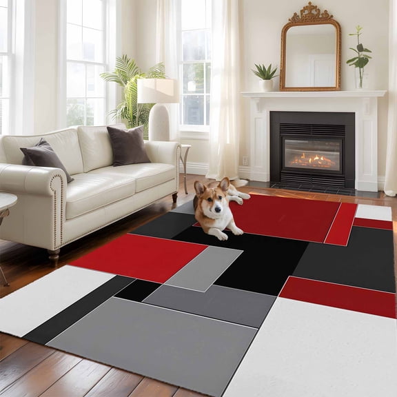 Red Black Grey Geometric Area Rug 5x8 FT, Non Slip Bedroom Throw Carpet, Abstract Modern Irregular Washable Soft Floor Carpet Non-Shedding Rug for Living Room Nursery Dorm Office