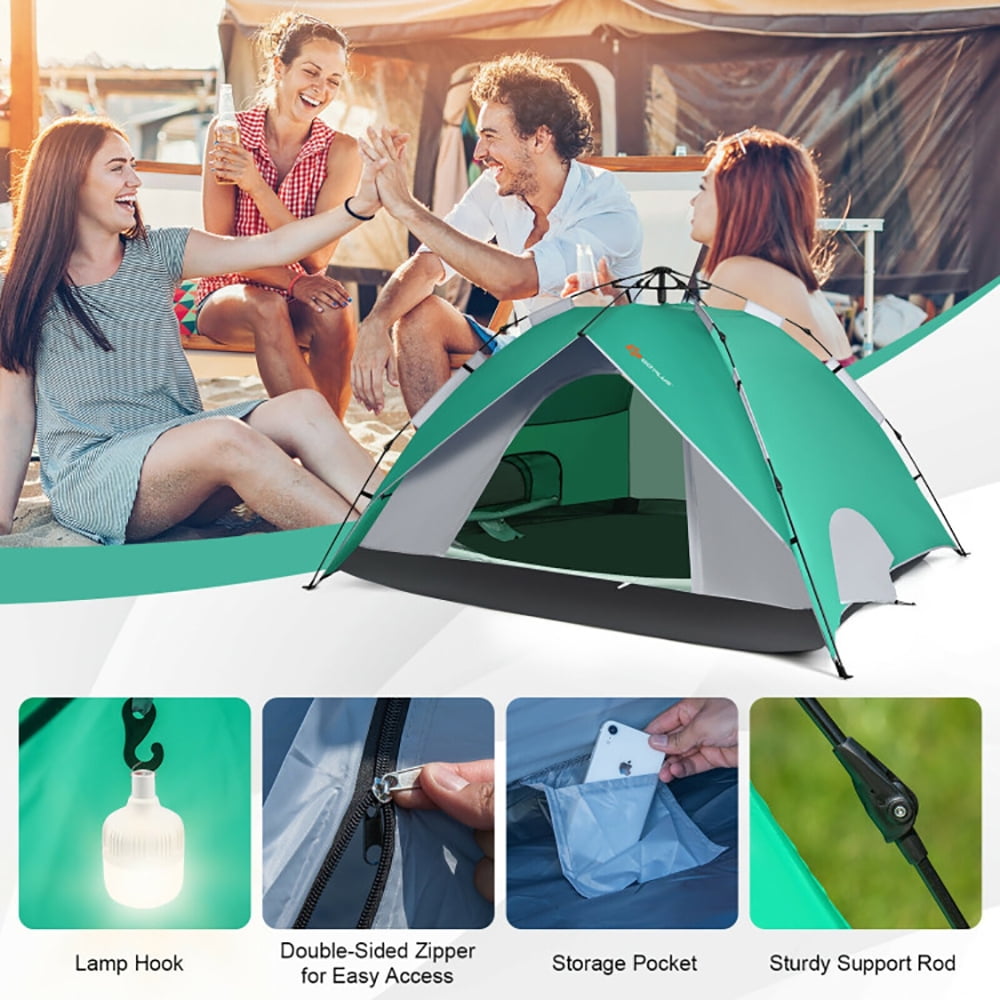 Aimee Lii 2-in-1 4 Person Instant Pop-up Waterproof Camping Tent, Easy Set Up Camping Tents Shelter, Green