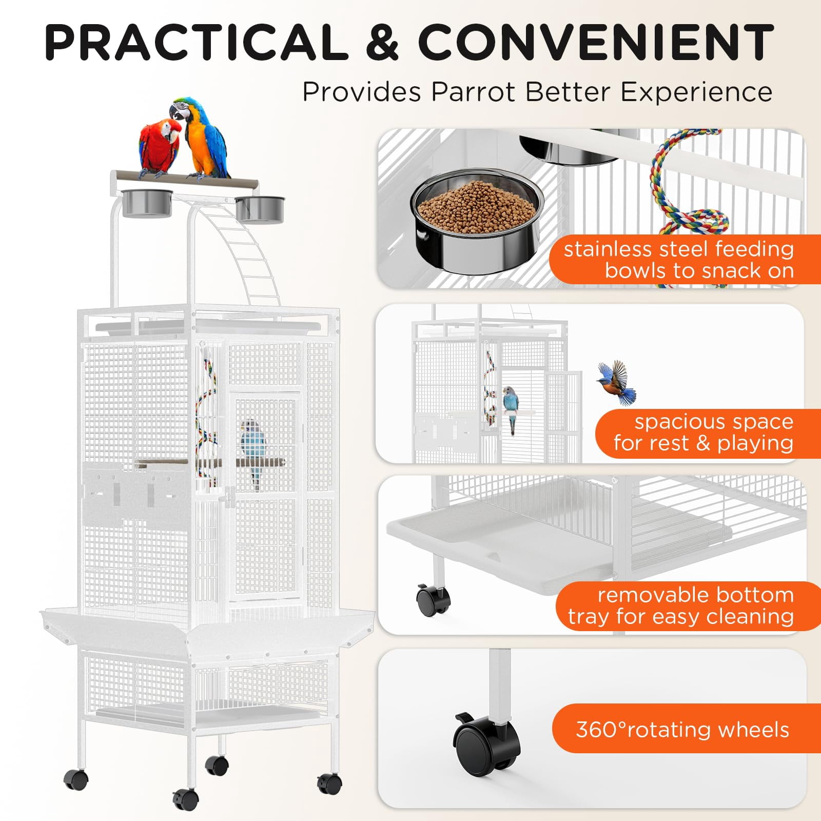 Large 60" Wrought Iron Bird Flight Cage with Rolling Stand & Play Top – Heavy Duty Parrot Cage with 4 Stainless Steel Bowls for African Grey, Cockatiel, Conure, Parakeet, White