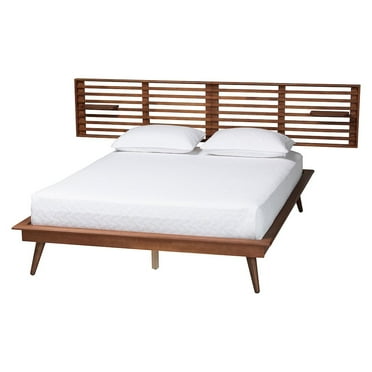 Baxton Studio Elvina Walnut Wood Queen Size Platform Bed with Built-In Shelves