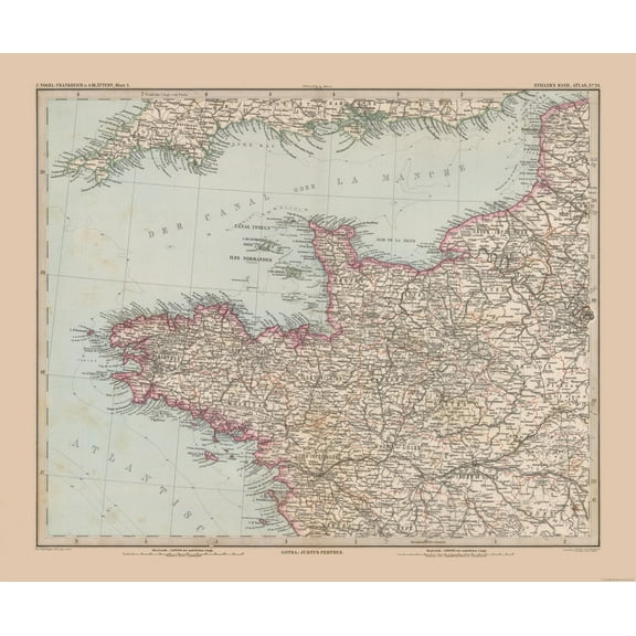 Historic Map - France Northwestern - Stieler 1885 - Vintage Wall Art