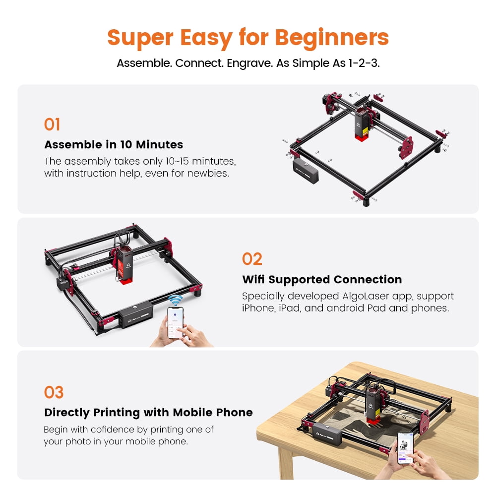 Algo DIY Mini Engraver 10W Output Power, 200mm/s Cutting and Engraving Machine for DIY Wood Metal Glass Leather, WiFi APP Control for Beginners