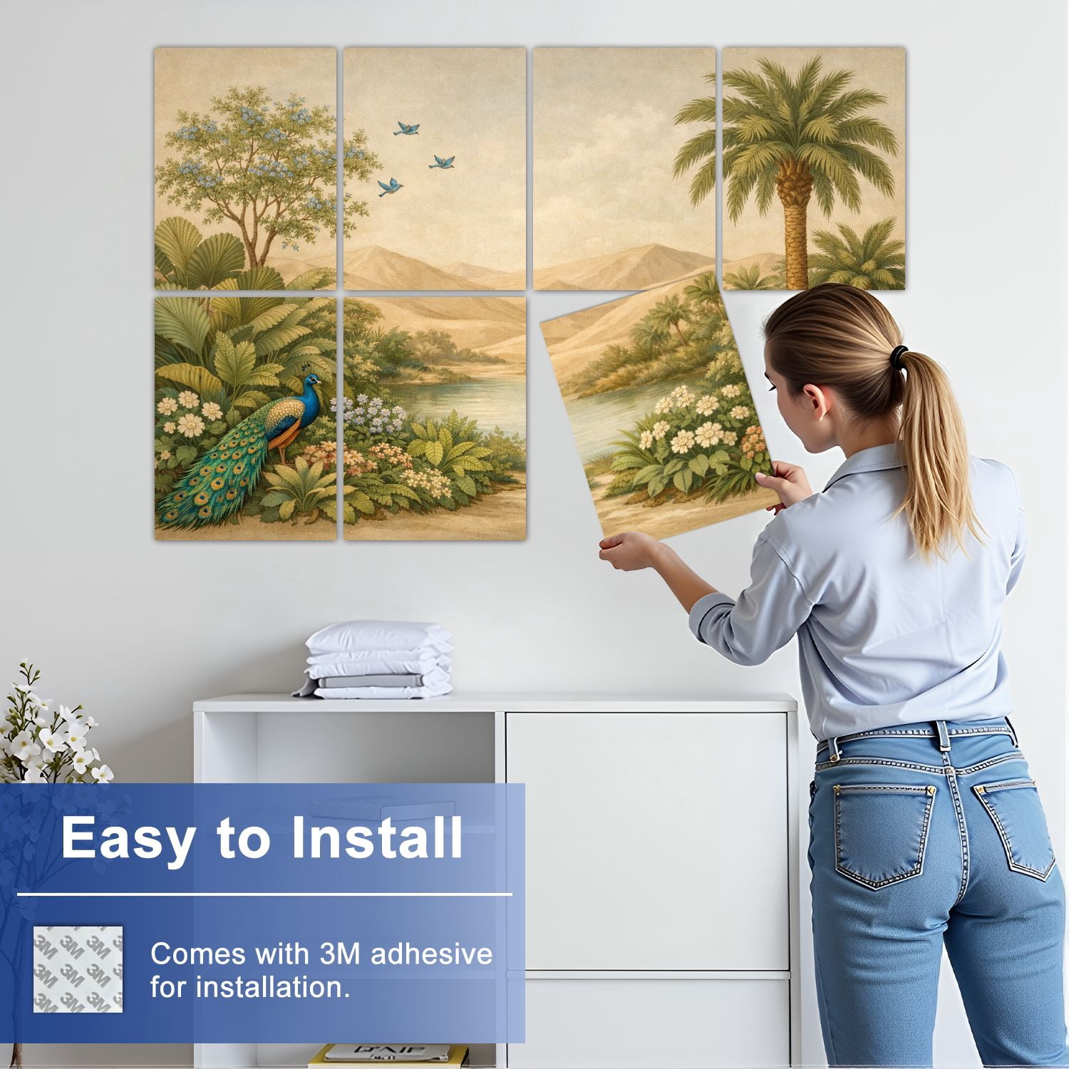 8 Pack Art Acoustic Panels Tropical Jungle Exotic Peacocks Palm Trees Self Adhesive Absorbing Dampening Panels Self Adhesive for Nursery Game Room Bedroom 48"x32"