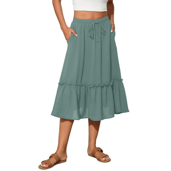 GXIPO Womens Summer Skirts Casual Front Button A-Line High Waisted Midi Skirt with Pockets Boho Flowy Design Green L