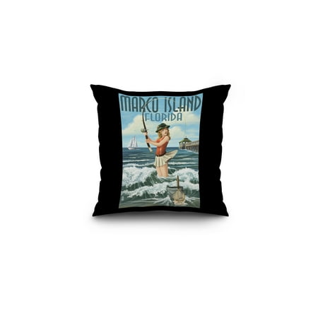Marco Island, Florida - Pinup Girl Surf Fishing - Lantern Press Artwork (16x16 Spun Polyester Pillow, Black