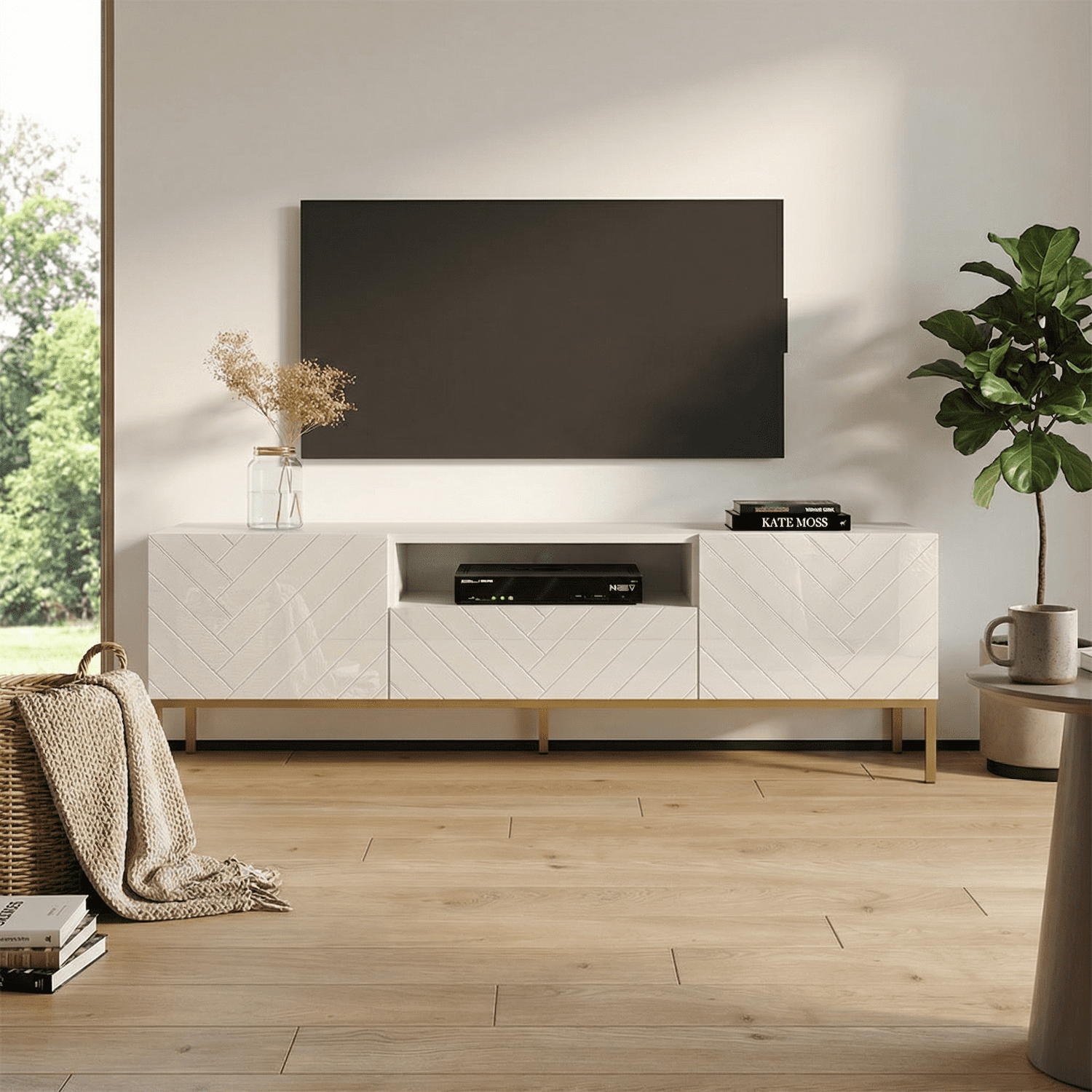 Gala 01 TV Stand for TVs up to 85", Mid-Century Modern High Gloss 75" Entertainment Center, TV Media Console with Storage Cabinets