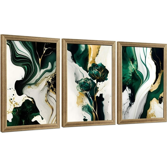 FCCUYE Framed Emerald Green Wall Art, Abstract Marbled Canvas Wall Decor, Modern Abstract Green and Gold Poster Print for Living Room Bedroom Office Aesthetic Picture 16x24 Inch 3 Pieces
