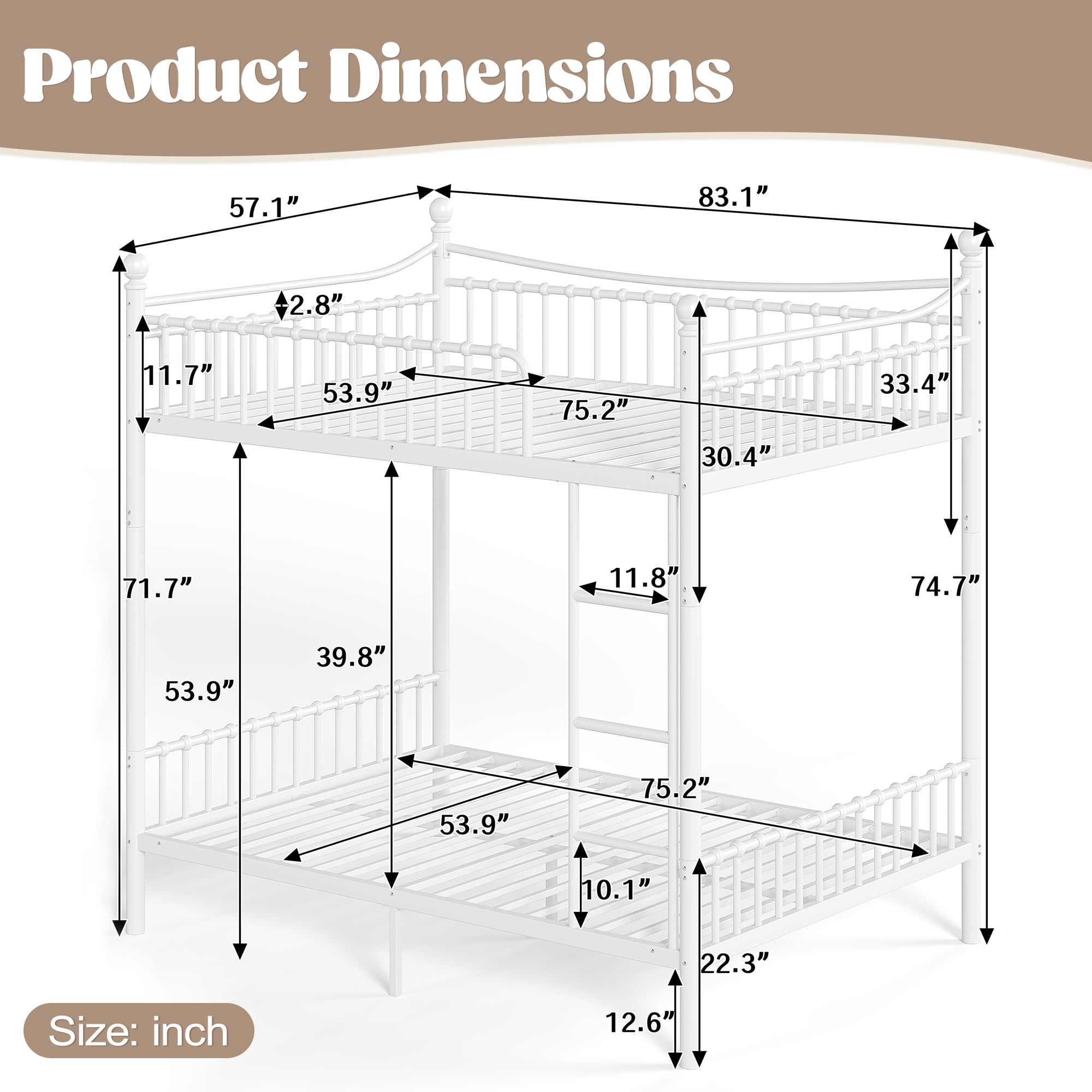 Full Over Full Metal Bunk Bed 83.07 Inch, Curved Guardrail Round Tube Frame for Kids Teens Adults, No Box Spring Needed, White