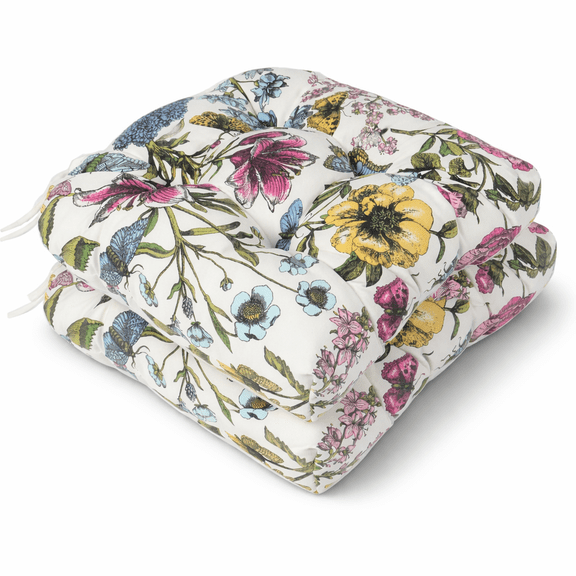 Outdoor Chair Cushions Set of 2, 19 x 19 x 4 Inch Tufted Seat Cushions with Ties, Waterproof Patio Chair Pads for Dining Chairs, Garden & Outdoor Furniture-Botanical Floral