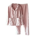 thumbnail image 5 of KIJBLAE Flannel Two Piece Pj Lounge Set Long Sleeve Solid Color Collared Shirt Fleece Pajamas Wide Leg Pants Matching Sets 2 Piece Outfit Sleep Pants Winter Warm Outfits Pink M, 5 of 8