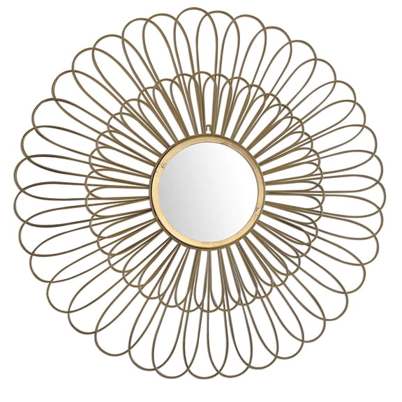 DecorShore 27 inch Decorative Wall Mirror and 3D Wire Wall Sculpture in Brushed Gold Floral Wire Wall Hanging