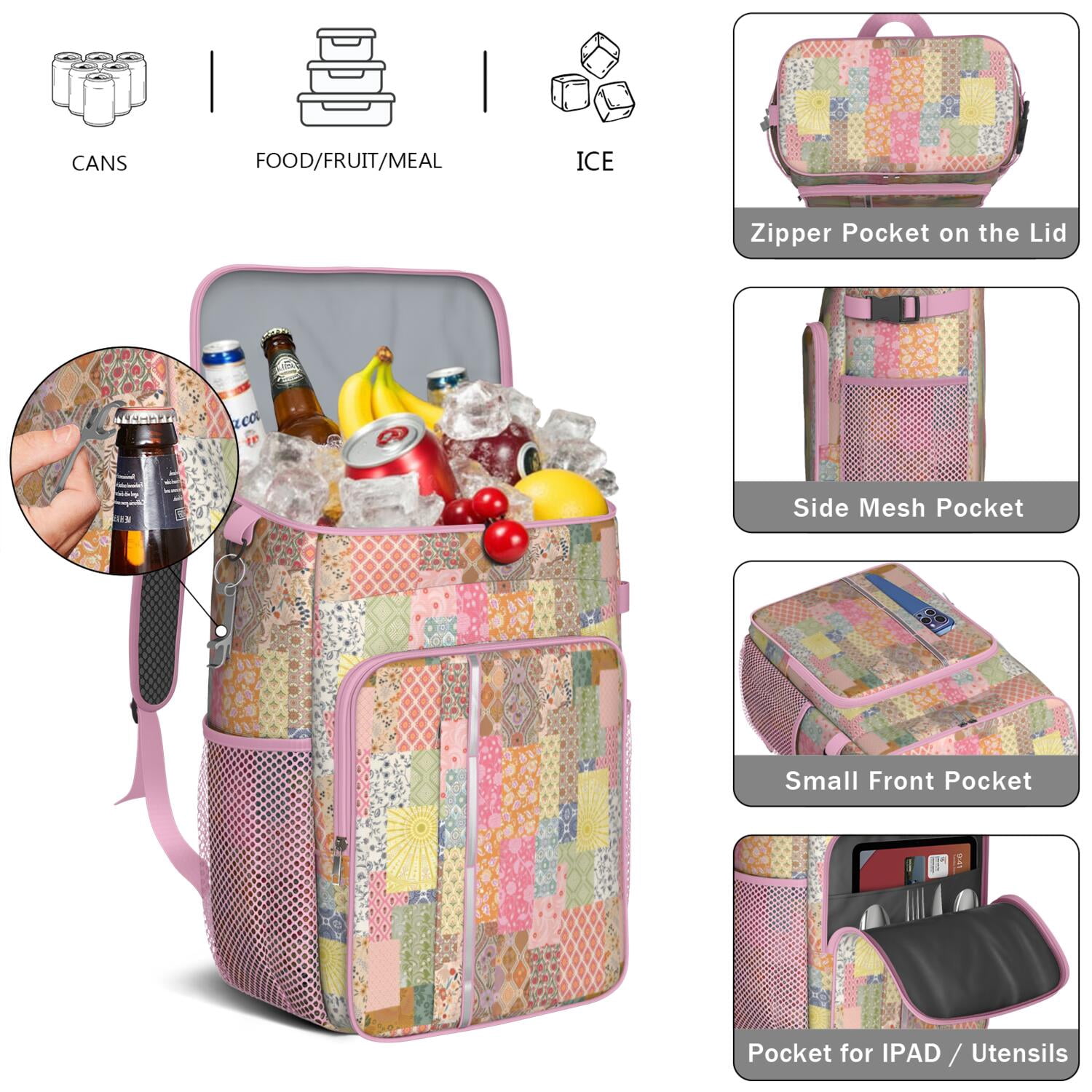 Travel Cooler Bag - Pioneer Flower Camping Beer Cooler Backpack with Bottle Opener- Waterproof Insulated Picnic Backpacks - Cooler Bag for Beach
