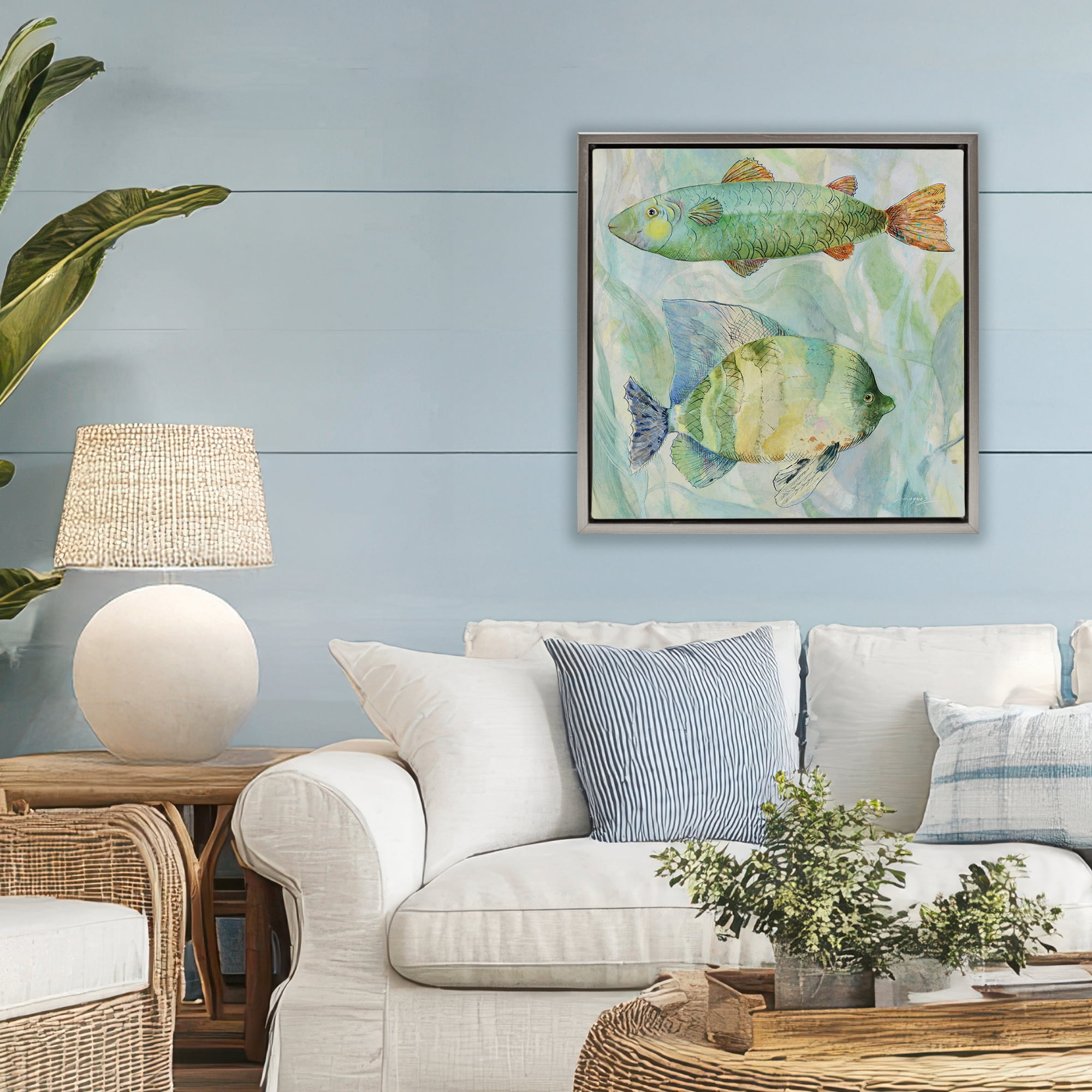 Stupell Industries Sweet Fish Duo Watercolor Gray Framed Floater Canvas Wall Art, design by Lorenzo Collective