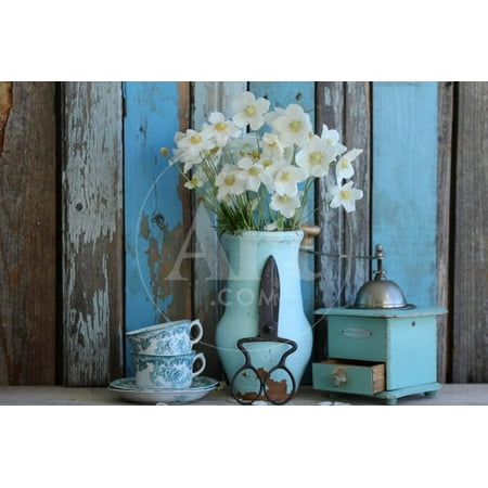 Rustic Vases Floral Composition with Fresh Bouquet of Anemones in Old Authentic Aged Pot, Vase, Rustic Scissors, Print Wall Art By Galina Grebenyuk ()