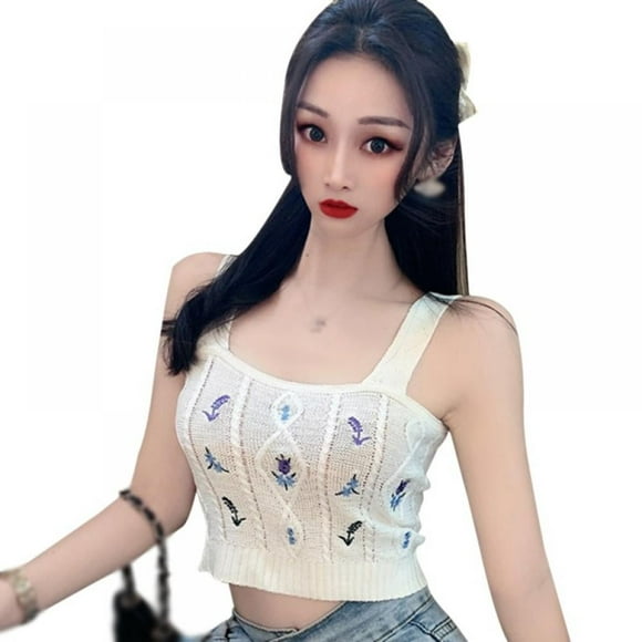 Women Knitted Camis Floral Embroidery Pattern Tank Top Wild Slim Sling Vest