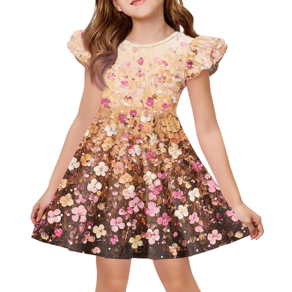 Abcomgle Girls Dresses Casual A-Line Flutter Sleeve Tshirt Dresses Vintage Floral Print Pleated Crew Neck Swing Sundresses for 4-14t Kids,Saffron