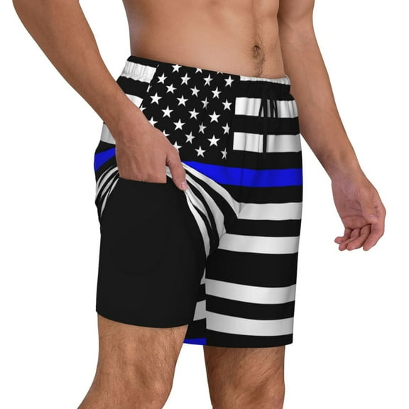 Men's 2 in 1 Swim Trunks with Compression Liner Police Thin Blue Line Flag Quick Dry Beach Shorts