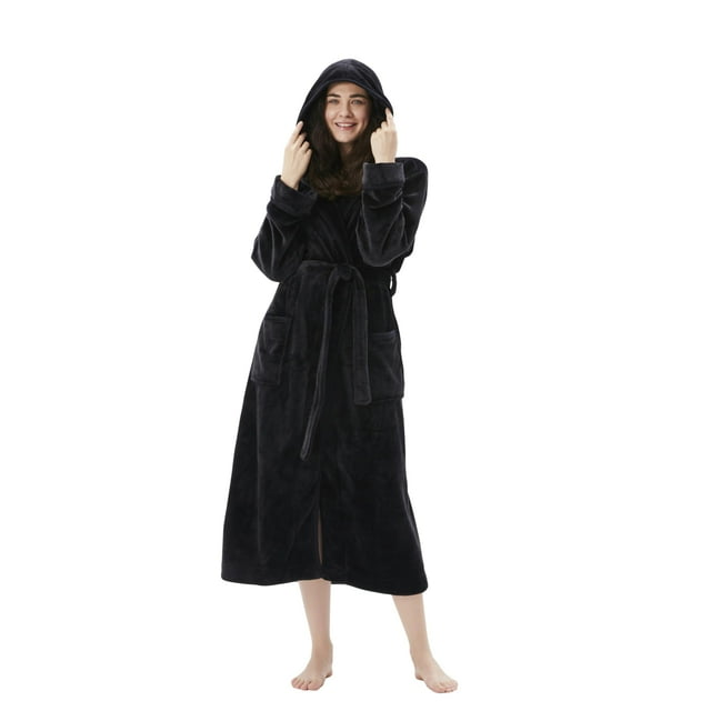 Bata COOVA Premium para mujer, de felpa, suave, con capucha, color negro cálido