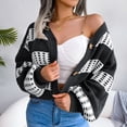 thumbnail image 2 of Lantern Sleeve V-Neck Color Block Sweater in Black - Casual Fit Winter Women's Style - Size L, 2 of 8