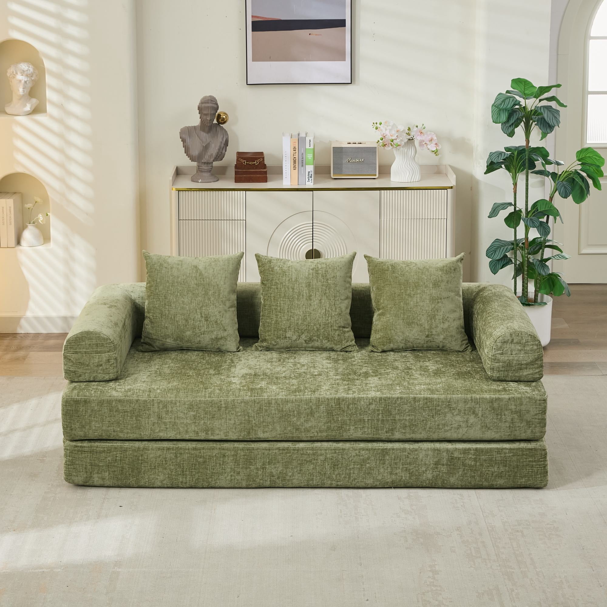 Yoneston 78.8" Convertible Chenille Sleeper Sofa, Modular Multi-Functional Floor Sofa Bed with Pillows for Living Room, Bedroom, Green