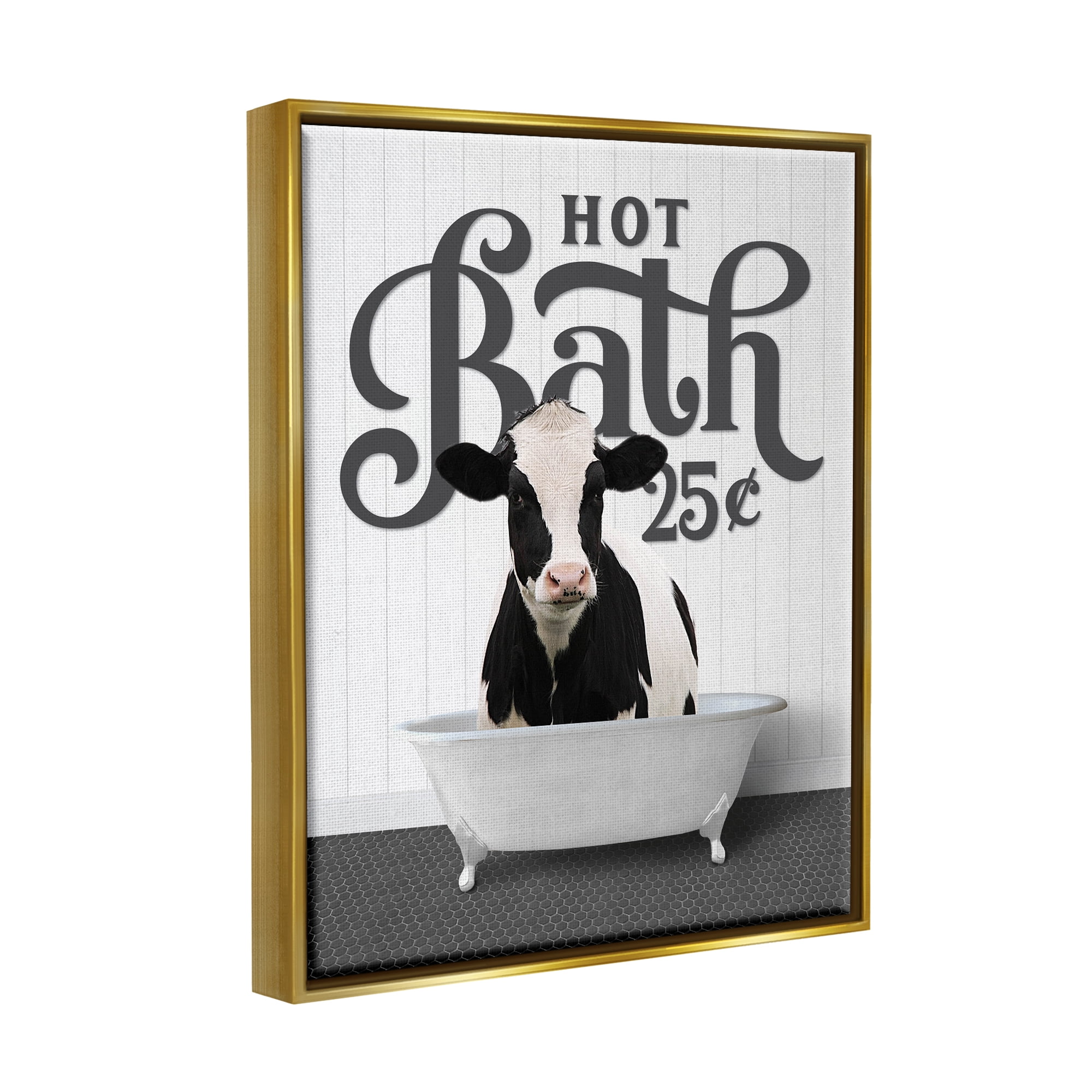 Stupell Industries Vintage Hot Bath Cow Animals & Insects Painting Gold Floater Framed Art Print Wall Art, 17 x 21