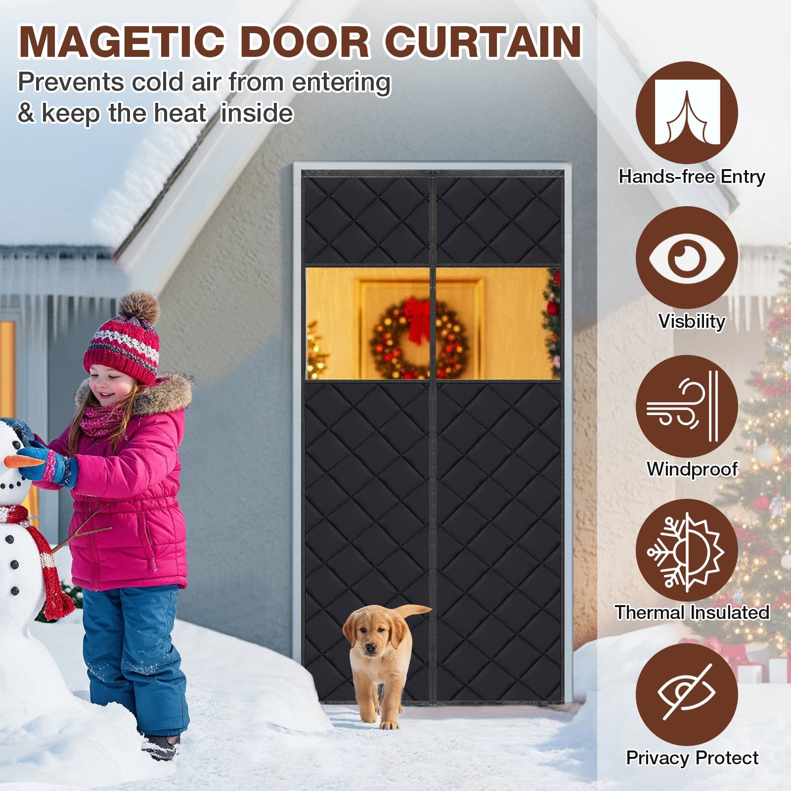 Lapalife Magnetic Thermal Insulated Door Curtain with Perspective Window, Fits 35" x 82" Doors Waterproof Windproof Door Screen Insulation Cover to Keep Warm in Winter, Black